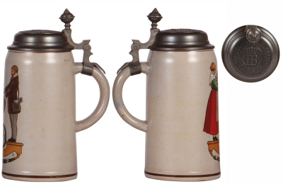 Two stoneware steins, .5L, transfer & hand-painted, Deinwohl, pewter lid, center hinge ring missing; with, 1.0L, marked Th. Schmid München, by F. Ringer, pewter lid: Deutscher Ingenieure versammlung München 1903, mint. - 3