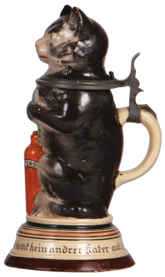 Character stein, .5L, pottery, marked 662, by Reinhold Merkelbach, Cat with Selters Bottle, large base variation, base chip in rear. - 2