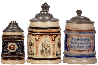Three steins, pottery & stoneware, 4.0'' to 5.5'' relief, pewter lids, all mint.