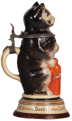 Character stein, .5L, pottery, marked 662, by Reinhold Merkelbach, Cat with Selters Bottle, large base variation, base chip in rear. - 3