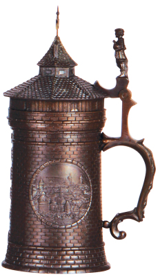 Character stein, .5L, pewter, marked F. & M. N., Nürnberg Tower, bronze patina is very unusual, mint.