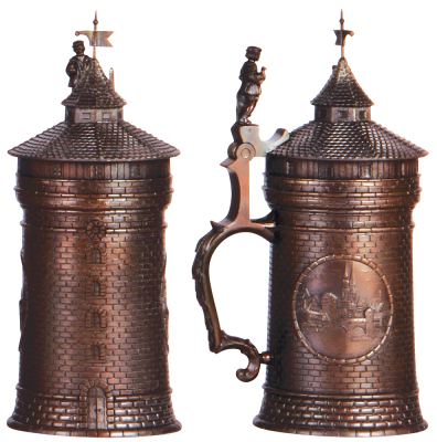 Character stein, .5L, pewter, marked F. & M. N., Nürnberg Tower, bronze patina is very unusual, mint. - 2