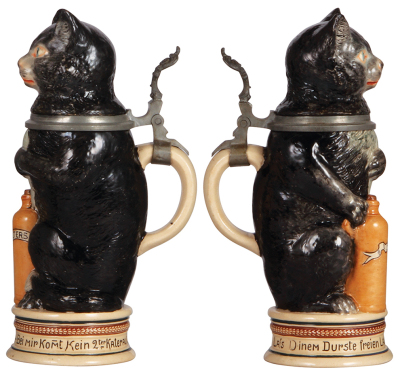 Character stein, .5L, pottery, marked 575, Cat with Selters Bottle, 2'' hairline on inlay, base flake. - 2
