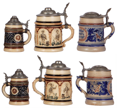 Three steins, pottery & stoneware, 4.0'' to 5.5'' relief, pewter lids, all mint. - 2