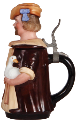 Character stein, .5L, porcelain, by E. Bohne Söhne, Gooseman of Nürnberg, excellent repair of a few small chips. - 2