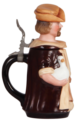 Character stein, .5L, porcelain, by E. Bohne Söhne, Gooseman of Nürnberg, excellent repair of a few small chips. - 3
