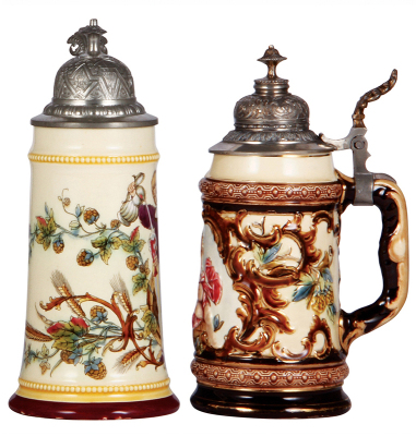 Two pottery steins, .5L, both by Rudolf Ditmar, Czech, #20027, relief, pewter lid, pewter tear repaired; with, .5L, transfer & hand-painted, #20311, pewter lid, mint. - 2