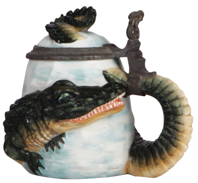 Character stein, .5L, porcelain, by E. Bohne & Söhne, Wrap Around Alligator, uneven pewter oxidation, otherwise mint. 