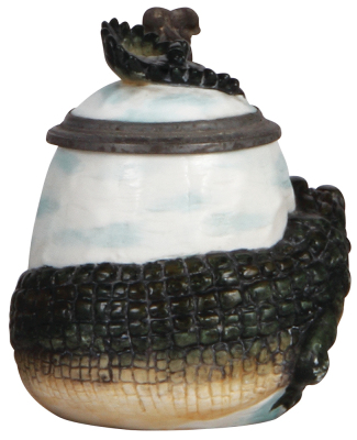 Character stein, .5L, porcelain, by E. Bohne & Söhne, Wrap Around Alligator, uneven pewter oxidation, otherwise mint.  - 2
