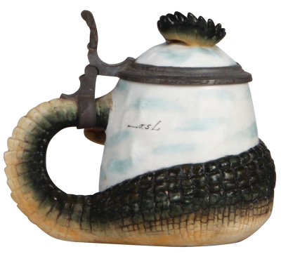 Character stein, .5L, porcelain, by E. Bohne & Söhne, Wrap Around Alligator, uneven pewter oxidation, otherwise mint.  - 3
