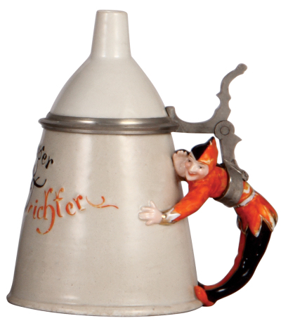Character stein, .5L, porcelain, marked Musterschutz, by Schierholz, Nürnberger Trichter, inlaid lid, a little wear on orange color, otherwise mint.