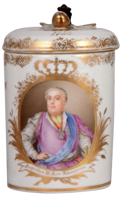 Meissen porcelain stein, 7.2" ht., 1.0L, hand-painted, Meissen Augustus Rex mark, late 1800s, portrait of Augustue III Rex Poloniorum, 1738 date on the lid, some gilding wear on the lid, otherwise mint. 