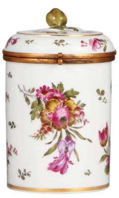 Meissen porcelain stein, 7.5" ht., 1.0L, hand-painted, Meissen crossed swords mark, c.1870, floral decoration, mint. 