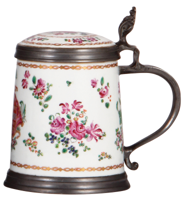 Porcelain stein, 1.0L, hand-painted, unmarked, by Samson Ceramics, late 1800s, pewter mounts, porcelain inlaid lid, very good condition.  - 2