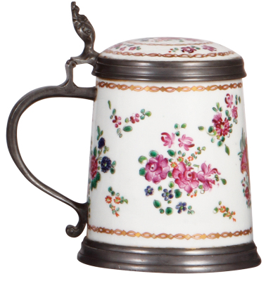 Porcelain stein, 1.0L, hand-painted, unmarked, by Samson Ceramics, late 1800s, pewter mounts, porcelain inlaid lid, very good condition.  - 3