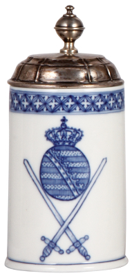 Meissen porcelain stein, .5L, hand-painted, Meissen crossed swords mark, silver lid engraved inside: Weihnachten 1917, mint.