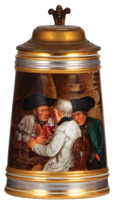 Porcelain stein, 1.0L, 7.8" ht., hand-painted, marked with beehive, Royal Vienna type, three men drinking, brass lid, mint.