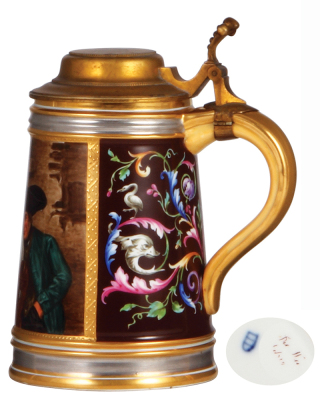 Porcelain stein, 1.0L, 7.8" ht., hand-painted, marked with beehive, Royal Vienna type, three men drinking, brass lid, mint. - 2