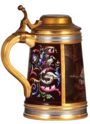 Porcelain stein, 1.0L, 7.8" ht., hand-painted, marked with beehive, Royal Vienna type, three men drinking, brass lid, mint. - 3