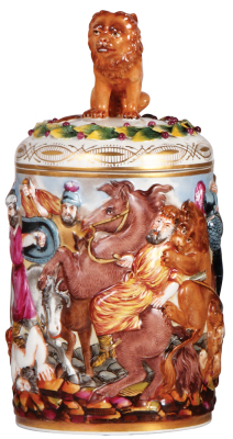 Porcelain stein, 1.0L, 11.0" ht., relief & hand-painted, Capo-di-Monte, porcelain lid, mint.