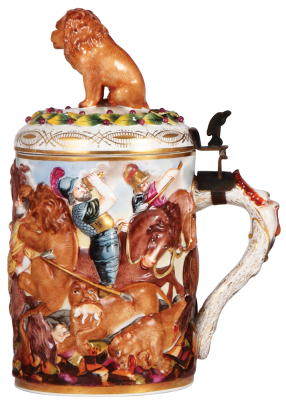 Porcelain stein, 1.0L, 11.0" ht., relief & hand-painted, Capo-di-Monte, porcelain lid, mint. - 2