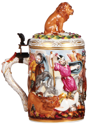 Porcelain stein, 1.0L, 11.0" ht., relief & hand-painted, Capo-di-Monte, porcelain lid, mint. - 3