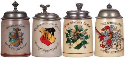 Four steins, stoneware, .4L, transfer & hand-painted, Merkuria sei's Panier!, pewter lid, mint; with, stoneware, .4L, transfer & hand-painted, K.C. Alemannia sei's Panier!, relief pewter lid, mint; with, pottery stein, .5L, transfer & hand-painted, Wissen