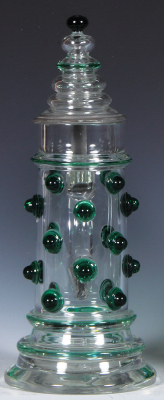 Glass stein, .75L, 11.4'' ht., blown, clear, applied green glass prunts, matching glass inlaid lid, dwarf thumblift, mint.