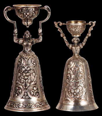 Two silver wedding beakers, 6.0" ht., marked 800, 150 grams; with, 5.2" ht., marked 800, 130 grams, both good condition.