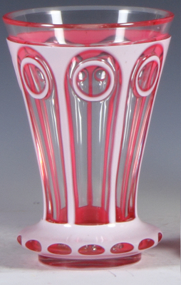 Glass beaker, 5.1''ht., blown, white on pink on clear, cut, two very small manufacturing flaws on white, mint.