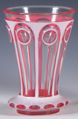 Glass beaker, 5.1''ht., blown, white on pink on clear, cut, two very small manufacturing flaws on white, mint. - 2