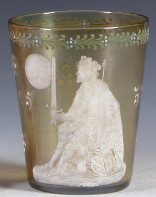 Glass humpen, 5.4'' ht., blown, by F. Heckert, frosted amber, enameled, King, 1531, late 1800s, good condition.