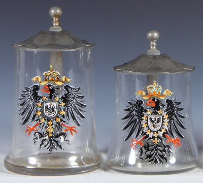 Two glass steins, .5L, blown, clear, transfer & hand-painted, available during St. Louis World's Fair, 1904, eagle, Art Nouveau pewter lid, mint. 
