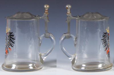Two glass steins, .5L, blown, clear, transfer & hand-painted, available during St. Louis World's Fair, 1904, eagle, Art Nouveau pewter lid, mint.  - 2