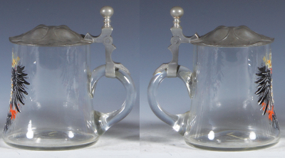 Two glass steins, .5L, blown, clear, transfer & hand-painted, available during St. Louis World's Fair, 1904, eagle, Art Nouveau pewter lid, mint.  - 3