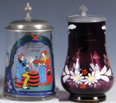 Two glass steins, .3L, blown, enameled, So leben wir So leben wir alle Tage, pewter lid, mint; with, .3L, blown, purple, enameled, Zum Andenken, matching glass inlaid lid, mint. 