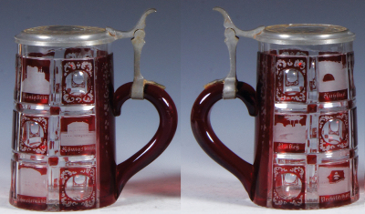Two glass steins, .5L, blown, ruby flashed, spas, clear glass inlaid lid, mint; with, .5L, blown, ruby flashed, Umwinde ihre Lebenszeit, clear glass inlaid lid, mint.  - 2