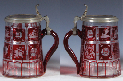 Two glass steins, .5L, blown, ruby flashed, spas, clear glass inlaid lid, mint; with, .5L, blown, ruby flashed, Umwinde ihre Lebenszeit, clear glass inlaid lid, mint.  - 3