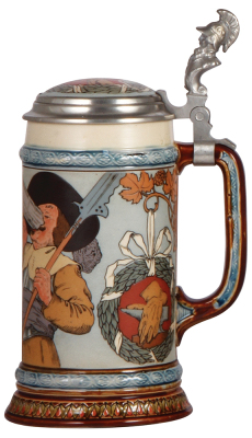 Mettlach stein, .5L, 2639, etched, inlaid lid, pewter polished, looks good, mint.  - 2