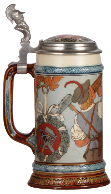 Mettlach stein, .5L, 2639, etched, inlaid lid, pewter polished, looks good, mint.  - 3