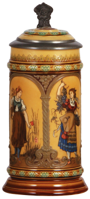 Mettlach stein, .5L, 1972, etched & decorated relief, inlaid lid, mint.