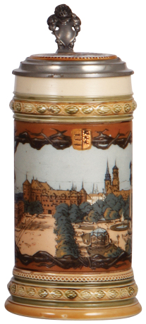 Mettlach stein, .5L, 1863, etched, Stuttgart, inlaid lid, mint. 