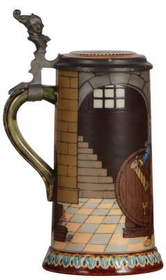Mettlach stein, .5L, 2776, etched, inlaid lid, mint. - 3