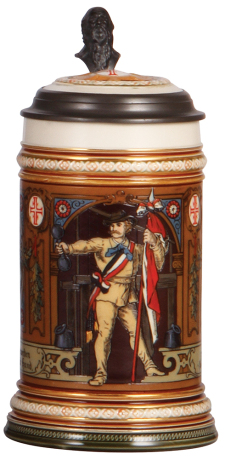 Mettlach stein, .5L, 1914, etched, inlaid lid, mint.