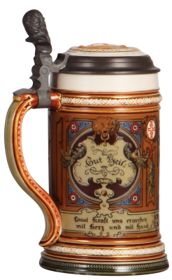 Mettlach stein, .5L, 1914, etched, inlaid lid, mint. - 3
