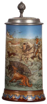 Mettlach stein, 1.0L, 2083, etched, Boar Hunt, inlaid lid, mint.