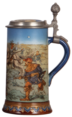 Mettlach stein, 1.0L, 2083, etched, Boar Hunt, inlaid lid, mint. - 2