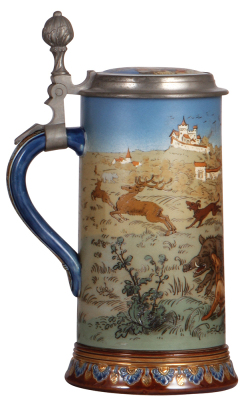 Mettlach stein, 1.0L, 2083, etched, Boar Hunt, inlaid lid, mint. - 3