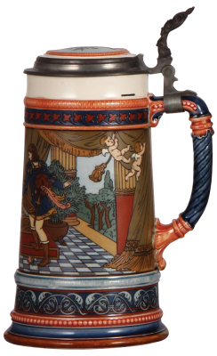 Mettlach stein, 1.0L, 2401, etched, inlaid lid, mint. - 2