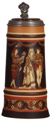 Mettlach stein, 1.0L, 2255, etched, inlaid lid, mint.